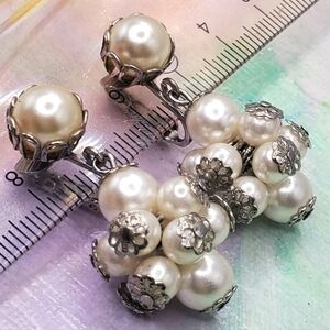 Vintage 60s Faux Pearl Cluster Drop Earrings Clip On